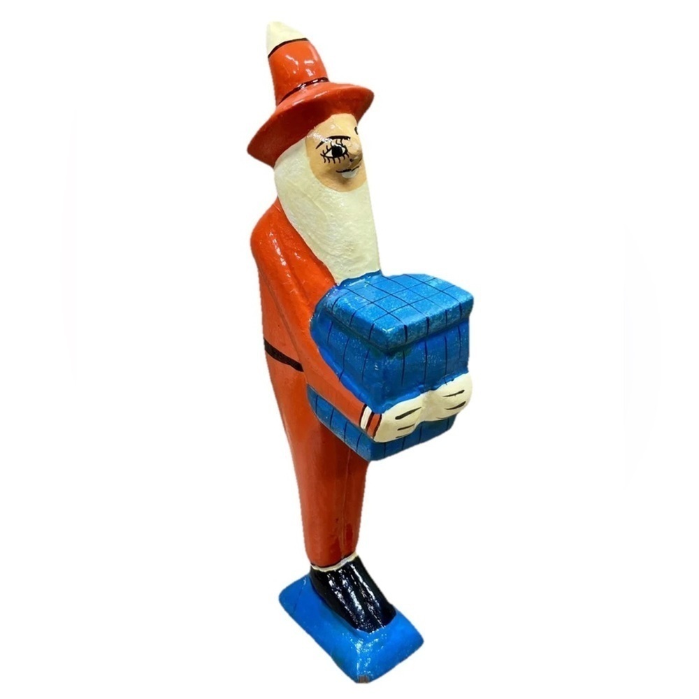 Handmade Wooden Santa Figure Present Carved Folk Art Yvens Leger Made In Haiti
